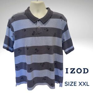 IZOD Men’s Polo Shirt XXL – Dark & Light Blue Bold Stripe w/ Tropical Tree Motif